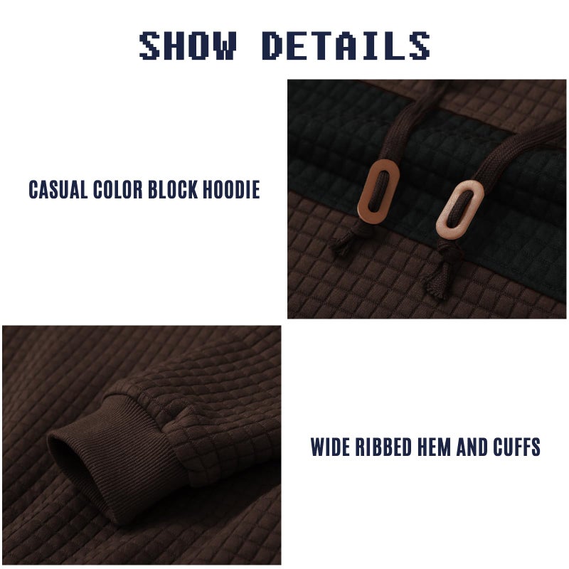 Qichic Menâ€™s Sweatshirts Long Sleeve Pullover Patchwork Plaid Jacquard Hoodie Casual Drawstring Hoody Top Brown M - Image 5