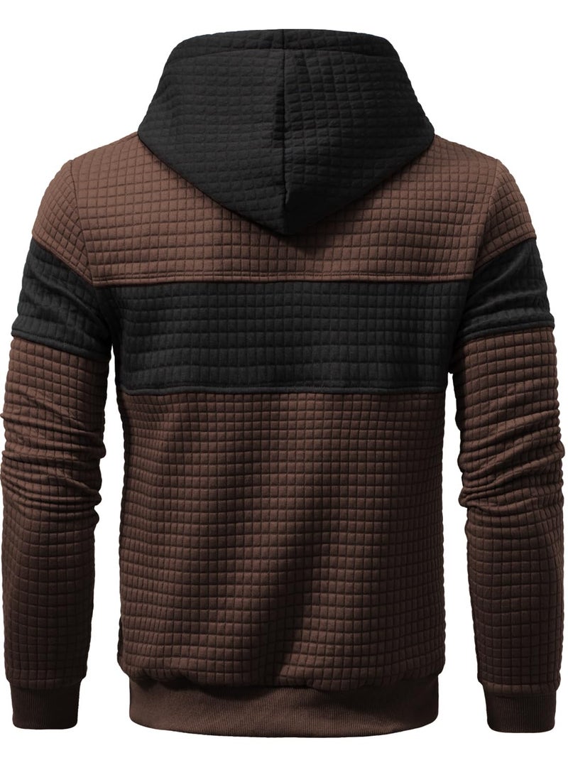 Qichic Menâ€™s Sweatshirts Long Sleeve Pullover Patchwork Plaid Jacquard Hoodie Casual Drawstring Hoody Top Brown M - Image 4