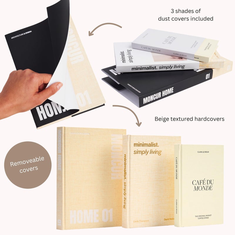 Moncur Home Decorative Coffee Table Books Set of 3 â€“ Neutral Home DÃ©cor Beige Hardcovers with Removable Black & White Covers, Real Blank Pages, Modern Room DÃ©cor Aesthetic Faux Books for Shelf & Table Styling - Image 5