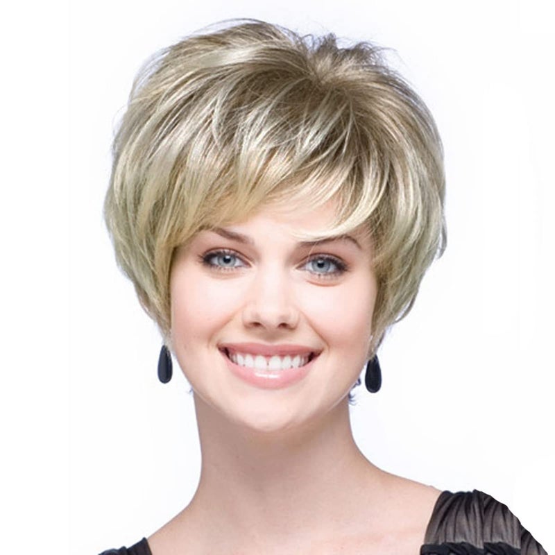 GNIMEGIL Short Blonde Pixie Cut Wigs for White Women with Bangs Dark Roots Old Lady Wig Natural Synthetic Ombre Layered Hairstyles Cosplay Costume Party Halloween Daily Use