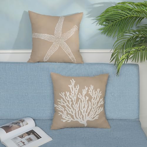 GOLIANDA Coastal Pillow Covers 18x18 Inch Set of 2 Brown Tan Coral Starfish Throw Pillows Summer Nautical Beach Ocean Decorations Linen Pillowcase Outdoor Decor Farmhouse Cushion Case for Home Bedroom - Image 3
