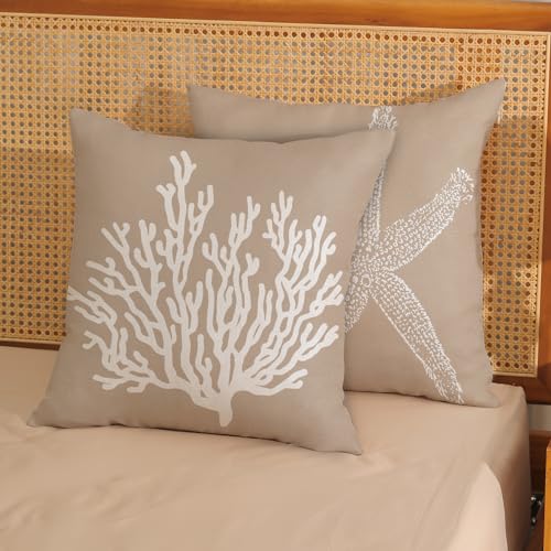 GOLIANDA Coastal Pillow Covers 18x18 Inch Set of 2 Brown Tan Coral Starfish Throw Pillows Summer Nautical Beach Ocean Decorations Linen Pillowcase Outdoor Decor Farmhouse Cushion Case for Home Bedroom - Image 2