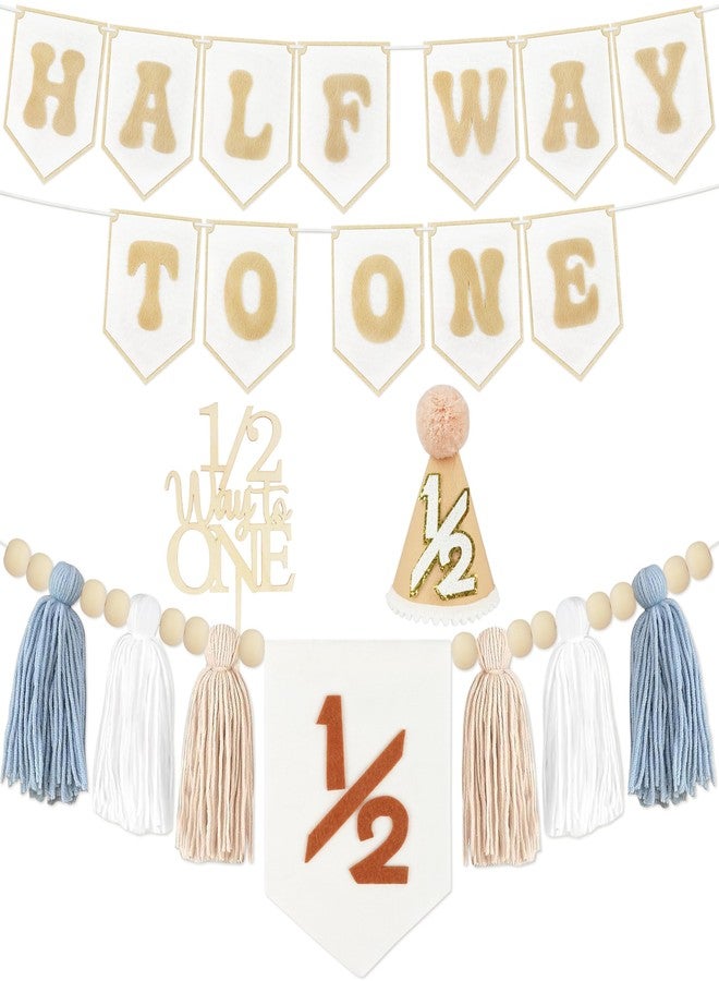 THAWAY 1/2 Birthday Blue Half Birthday Decorations - White Blue It's My 1/2 Birth Banner Glitter Cake Topper Tassel Wood Bead High Chair Banner & Cone, Hat Halfway to One Party Supplies - Image 1