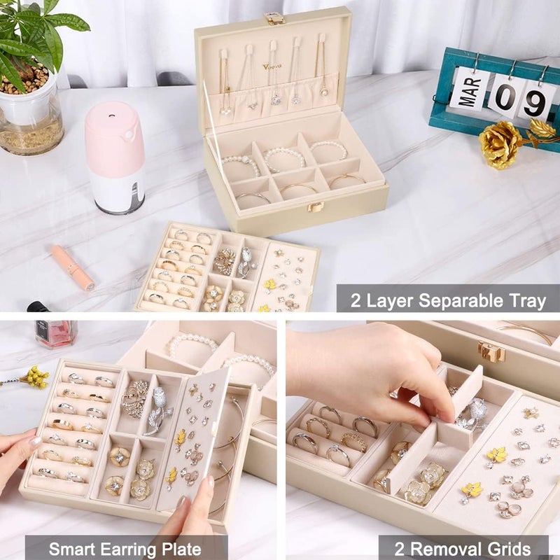 Voova 2 Layer Large Jewelry Box Organizer for Women and Girls - PU Leather Display Holder with Removable Tray for Necklaces, Earrings, Rings, and Bracelets - Vintage Gift in Apricot - Image 3