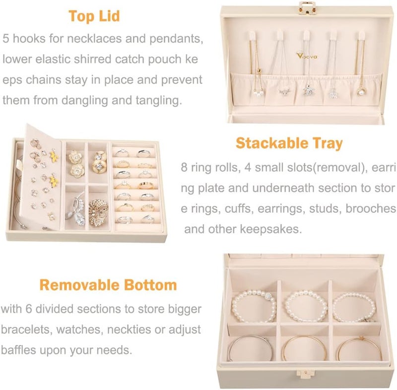 Voova 2 Layer Large Jewelry Box Organizer for Women and Girls - PU Leather Display Holder with Removable Tray for Necklaces, Earrings, Rings, and Bracelets - Vintage Gift in Apricot - Image 2
