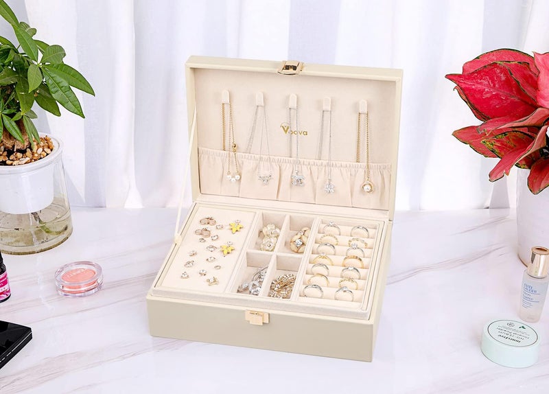 Voova 2 Layer Large Jewelry Box Organizer for Women and Girls - PU Leather Display Holder with Removable Tray for Necklaces, Earrings, Rings, and Bracelets - Vintage Gift in Apricot - Image 4