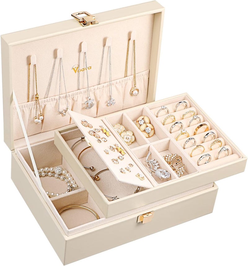 Voova 2 Layer Large Jewelry Box Organizer for Women and Girls - PU Leather Display Holder with Removable Tray for Necklaces, Earrings, Rings, and Bracelets - Vintage Gift in Apricot - Image 1