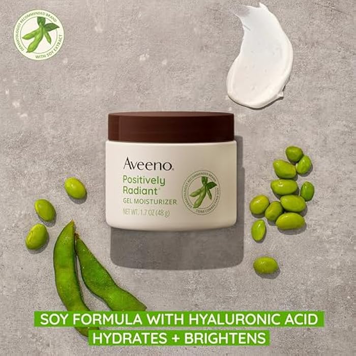 Aveeno Positively Radiant Daily Gel Facial Moisturizer with Hyaluronic Acid & Tone-Correcting Soy, Hydrating & Brightening Gel Face Cream Evens Skin Tone & Texture, Hypoallergenic, 1.7 oz - Image 2