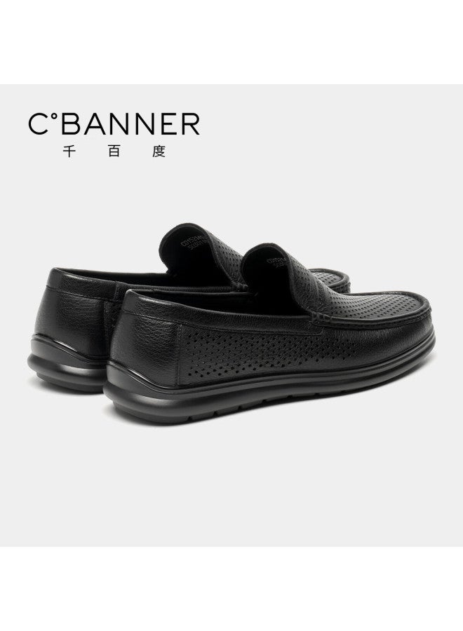 C.banner , Summer Perforated Breathable Men's Shoes, Plain Business Casual Leather Shoes, Loafers, Black, Size 43