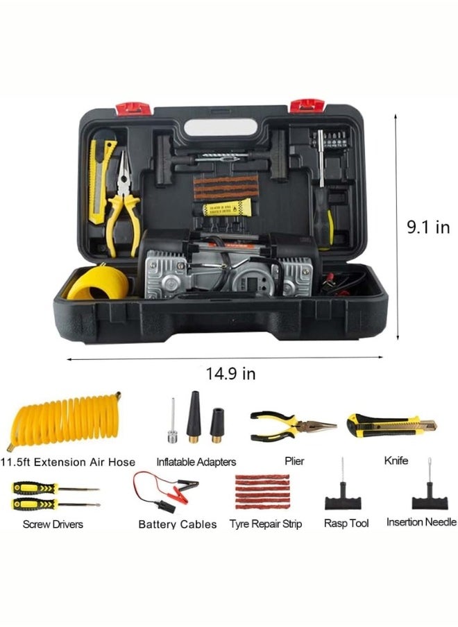 camel - Heavy Duty 2 Cylinder Dual Cylinder 12V 150 PSI Car Tire Inflator & Compressor with Digital Gauge, Tire Repair Tool Kit & Tool Box for Cars, Trucks, Motorcycles, Bicycles. - Image 1