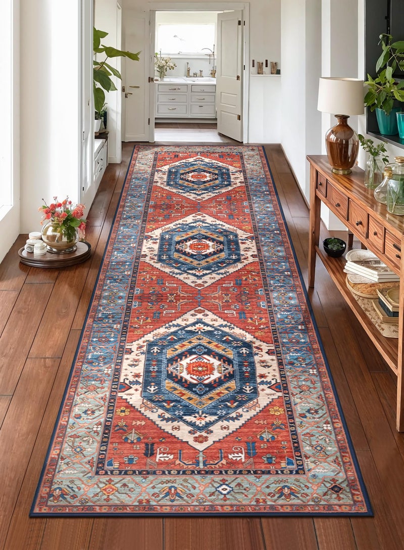 SERISSA Runner Rug for Hallways, 2'6"x8' Washable Non Slip Boho Kitchen Runner Rug, Vintage Rust Ultra Soft Print Distressed Tribal Floor Carpet for Bedroom Bathroom Laundry Room - Image 1