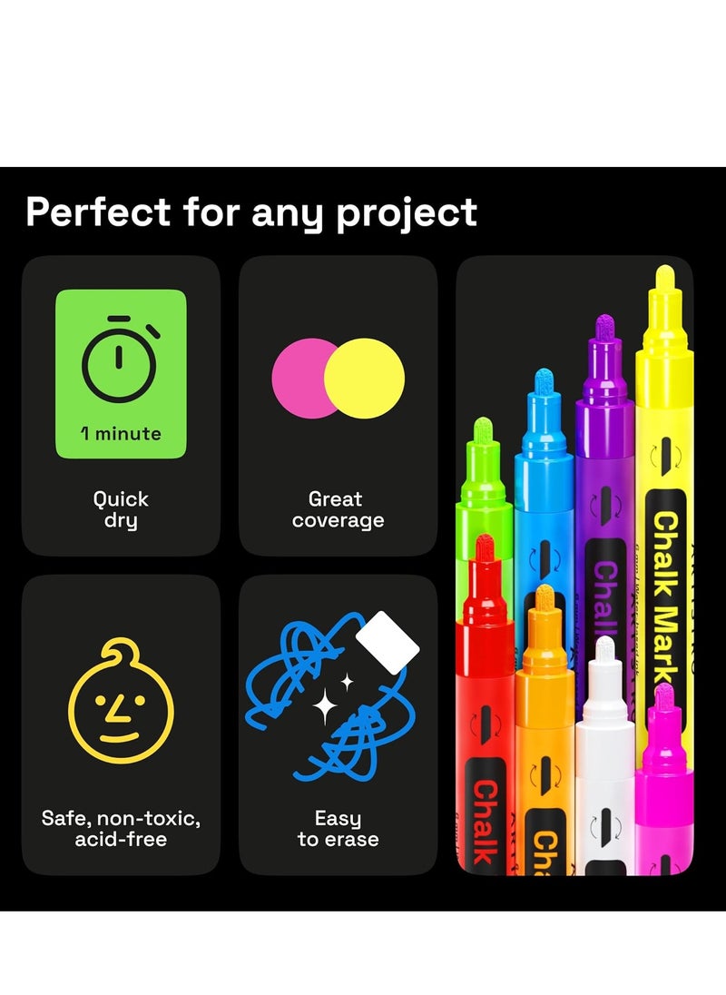 ARTISTRO - ARTISTRO 8 neon chalk markers erasable chalk pens with 6mm reversible tip for blackboard chalkboard car window glass liquid chalk markers ideal for kids & adults restaurants & bistro - Image 1