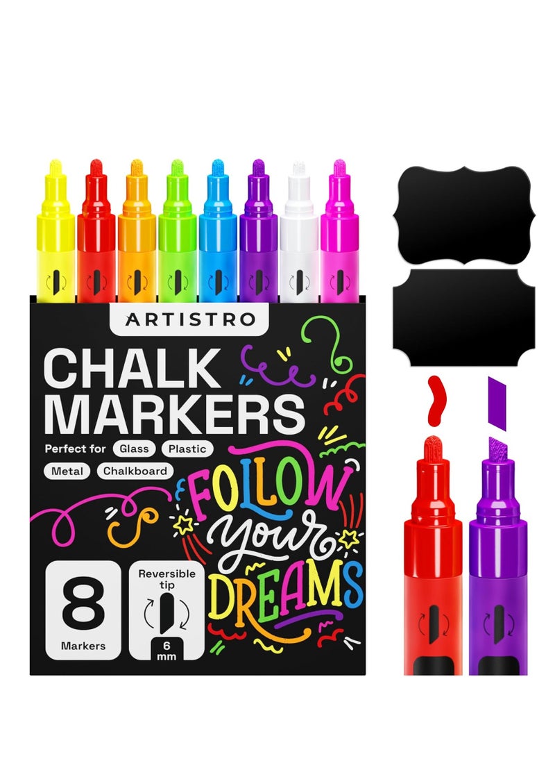 ARTISTRO - ARTISTRO 8 neon chalk markers erasable chalk pens with 6mm reversible tip for blackboard chalkboard car window glass liquid chalk markers ideal for kids & adults restaurants & bistro - Image 1