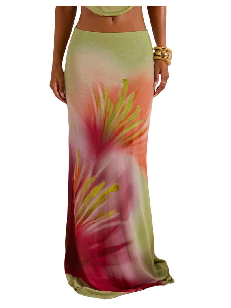 MakeMeChic Women's Summer Beach Maxi Skirt Y2k Floral Boho Flowy Long Skirt Green Medium - Image 1