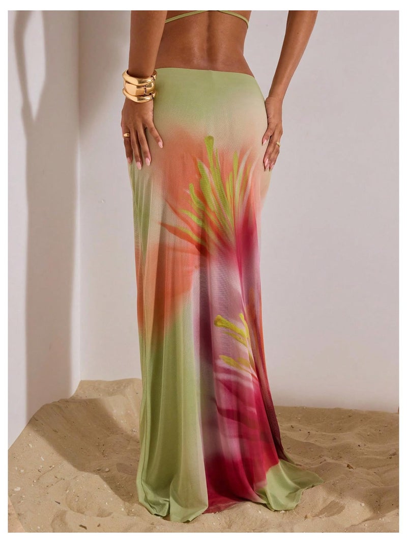 MakeMeChic Women's Summer Beach Maxi Skirt Y2k Floral Boho Flowy Long Skirt Green Medium - Image 4