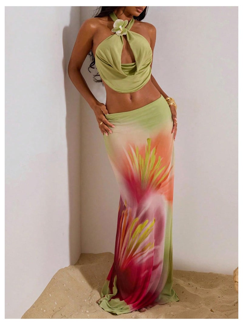MakeMeChic Women's Summer Beach Maxi Skirt Y2k Floral Boho Flowy Long Skirt Green Medium - Image 5