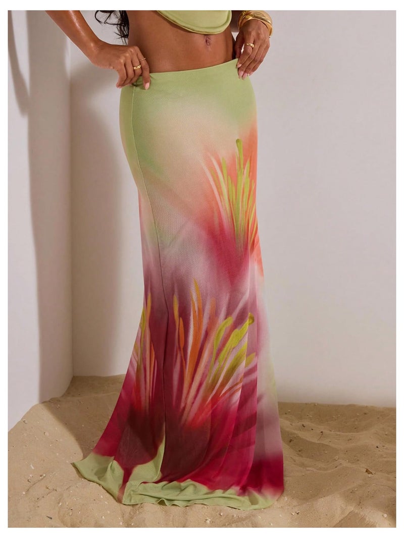MakeMeChic Women's Summer Beach Maxi Skirt Y2k Floral Boho Flowy Long Skirt Green Medium - Image 2