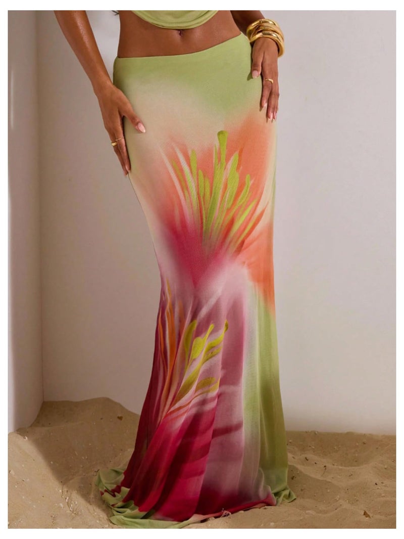 MakeMeChic Women's Summer Beach Maxi Skirt Y2k Floral Boho Flowy Long Skirt Green Medium - Image 3