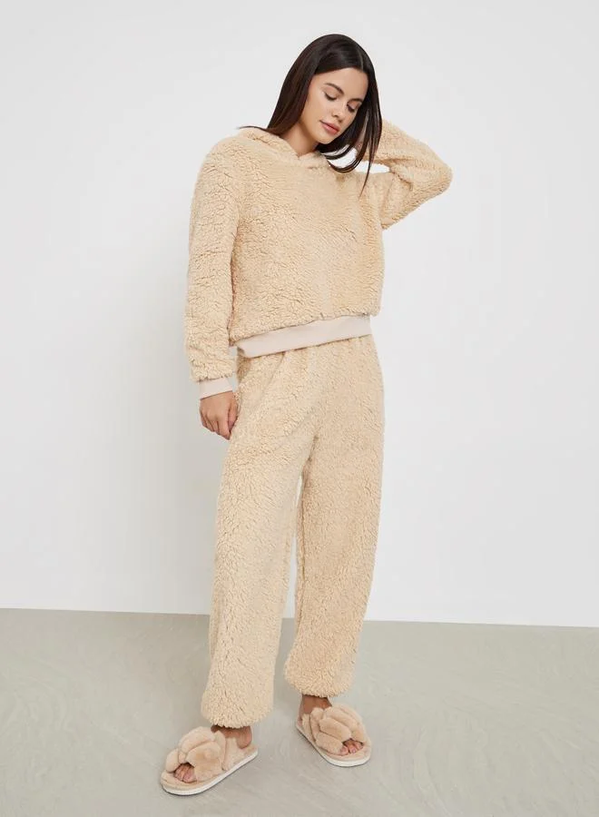 Styli Beige Fleece Hoodie and Long Pyjama Set