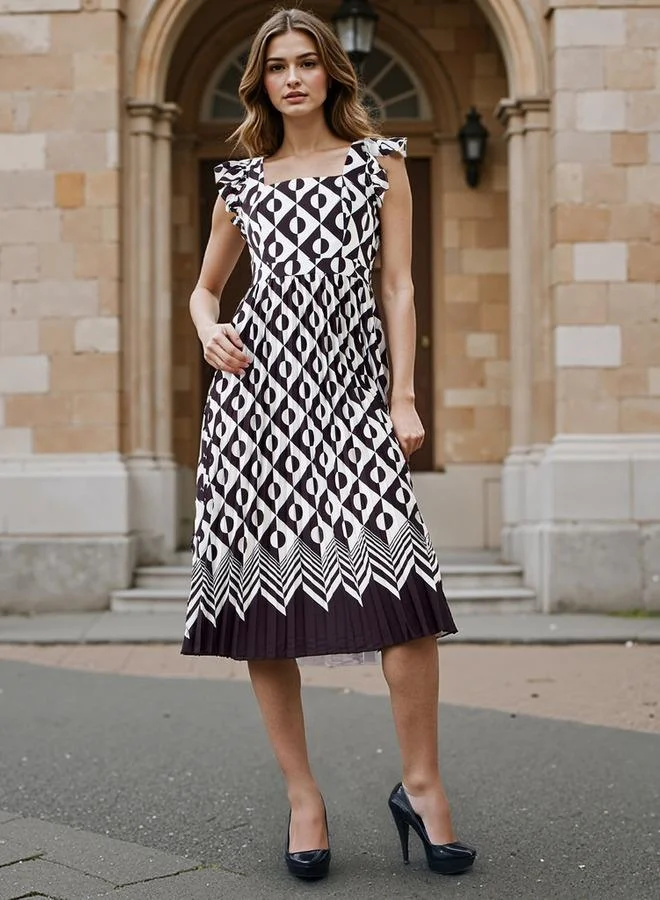 Splash FAV Pleated Midi Dress with Ruffle Sleeves