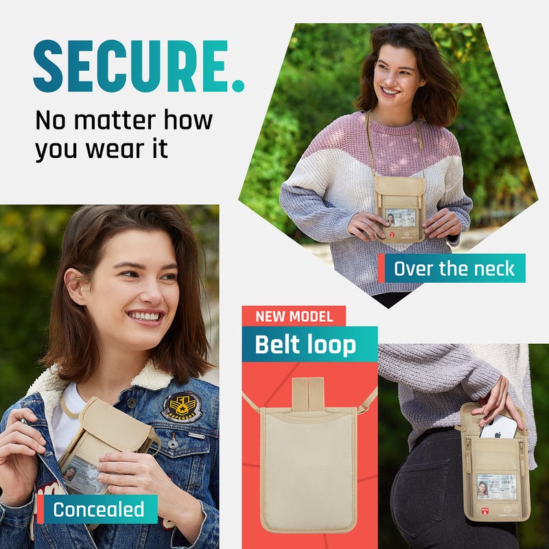 Alpha Keeper محفظة عنق ألفا كيبير، حقيبة سفر لحامل جواز السفر والمستندات، مانعة لتقنية RFID، بيج، للبالغين من الجنسين، المسافرين، البالغين - Image 2