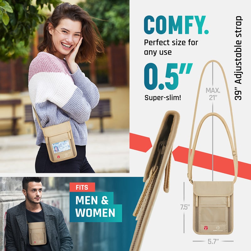 Alpha Keeper محفظة عنق ألفا كيبير، حقيبة سفر لحامل جواز السفر والمستندات، مانعة لتقنية RFID، بيج، للبالغين من الجنسين، المسافرين، البالغين - Image 5