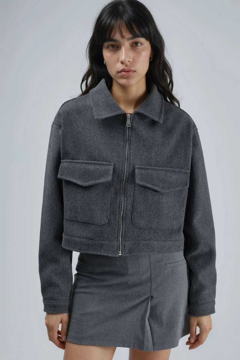 BUSEM Crop Gabardine Jacket with Zipper and Pocket