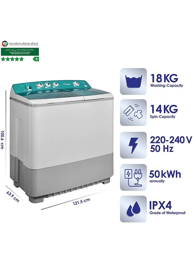 SUPER GENERAL 18 kg Twin-Tub Semi-Automatic Washing Machine, Light Grey/Green, Efficient Top-Load Washer With Lint Filter, Spin-Dry, 105.6 x 63.9 x 121.5 Cm SGW1800 White - Image 3