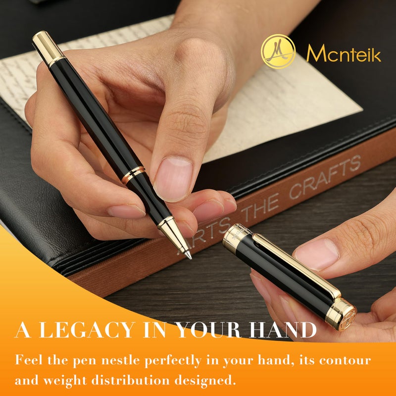 MCNTEIK Black Lacquer Rollerball Pen - Stunning Luxury Pen, 24K Gold Plating, Schmidt Refill, Precision Flow Ink, Best Roller Ball Gift Set for Men & Women, Professional, Executive Fancy, Nice Pens - Image 4
