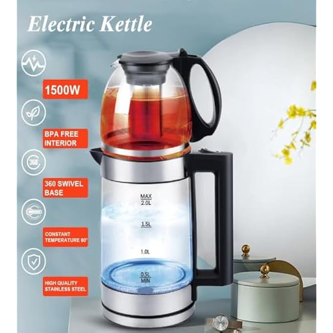 SUKILO 2In1 Electric Kettle 1500W With 20L Glass Kettle  1L Teapot With Tea Strainer Fast Boil Hot Water Boiler Auto ShutOff Transparent Design Cordless Base Tea Maker For Home  Office - Image 2