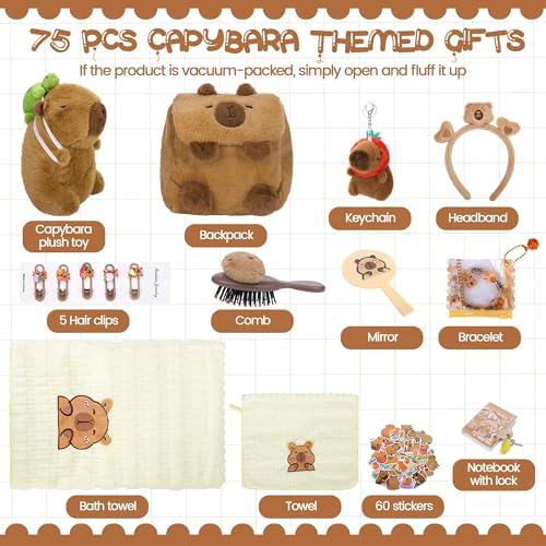Aodaer 75 Pcs Capybara Plush Toy Set with Stuffed Capybara Plush Toy Keychain Backpack Towels Comb Headband DIY Sticker Bracelets Notebook Hair Clips Mirror Stickers for Birthday Gifts Party Favor - Image 5