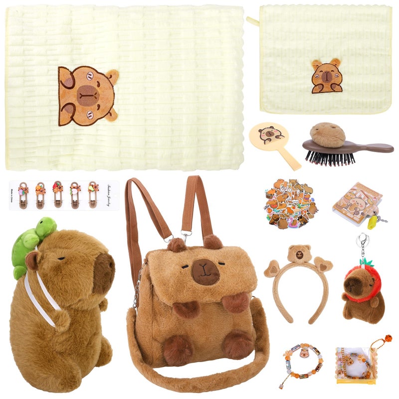 Aodaer 75 Pcs Capybara Plush Toy Set with Stuffed Capybara Plush Toy Keychain Backpack Towels Comb Headband DIY Sticker Bracelets Notebook Hair Clips Mirror Stickers for Birthday Gifts Party Favor - Image 3