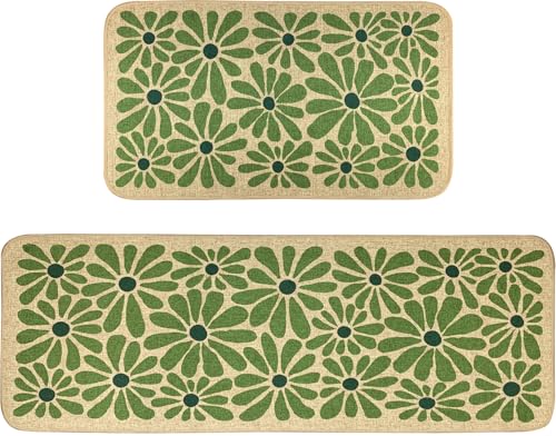 SHIYUE Green Kitchen Mat Set of 2, Boho Flower Kitchen Rugs Farmhouse Modern, Non Skid Washable Rubber Runner Rugs, Kitchen Decor Accessories（17x47in+17x30in） - Image 1