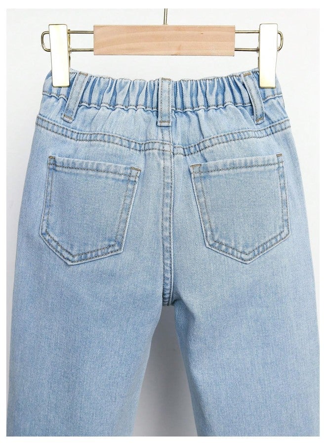 WDIRARA Girls' Butterfly Print Jeans Baggy Denim Pants Elastic Waist Raw Hem Trousers Light Wash 6Y - Image 4