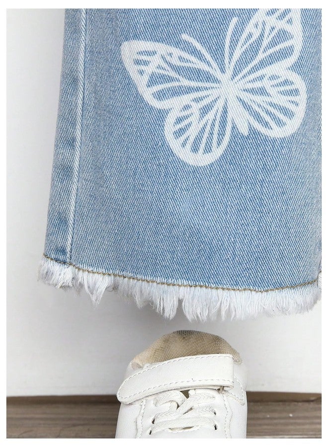 WDIRARA Girls' Butterfly Print Jeans Baggy Denim Pants Elastic Waist Raw Hem Trousers Light Wash 6Y - Image 3
