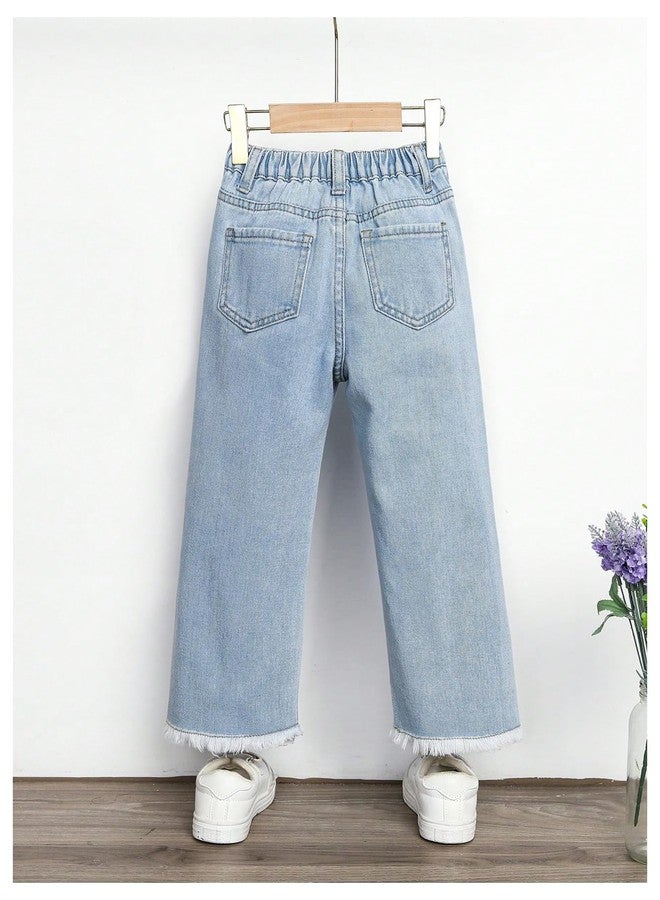 WDIRARA Girls' Butterfly Print Jeans Baggy Denim Pants Elastic Waist Raw Hem Trousers Light Wash 6Y - Image 2