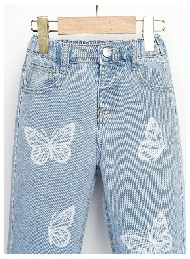 WDIRARA Girls' Butterfly Print Jeans Baggy Denim Pants Elastic Waist Raw Hem Trousers Light Wash 6Y - Image 5