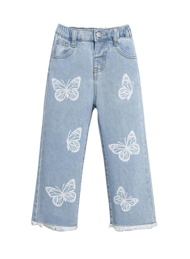 WDIRARA Girls' Butterfly Print Jeans Baggy Denim Pants Elastic Waist Raw Hem Trousers Light Wash 6Y - Image 1