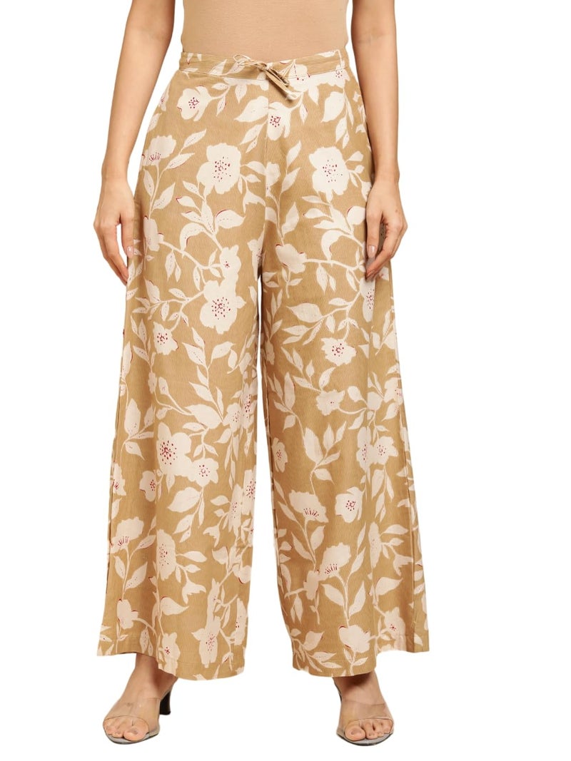 RATAN Women's Cotton Printed Loose Fit Flared Wide Leg Palazzo Mid Rise Pants (CFP-Beige-3X-Large) - Image 1