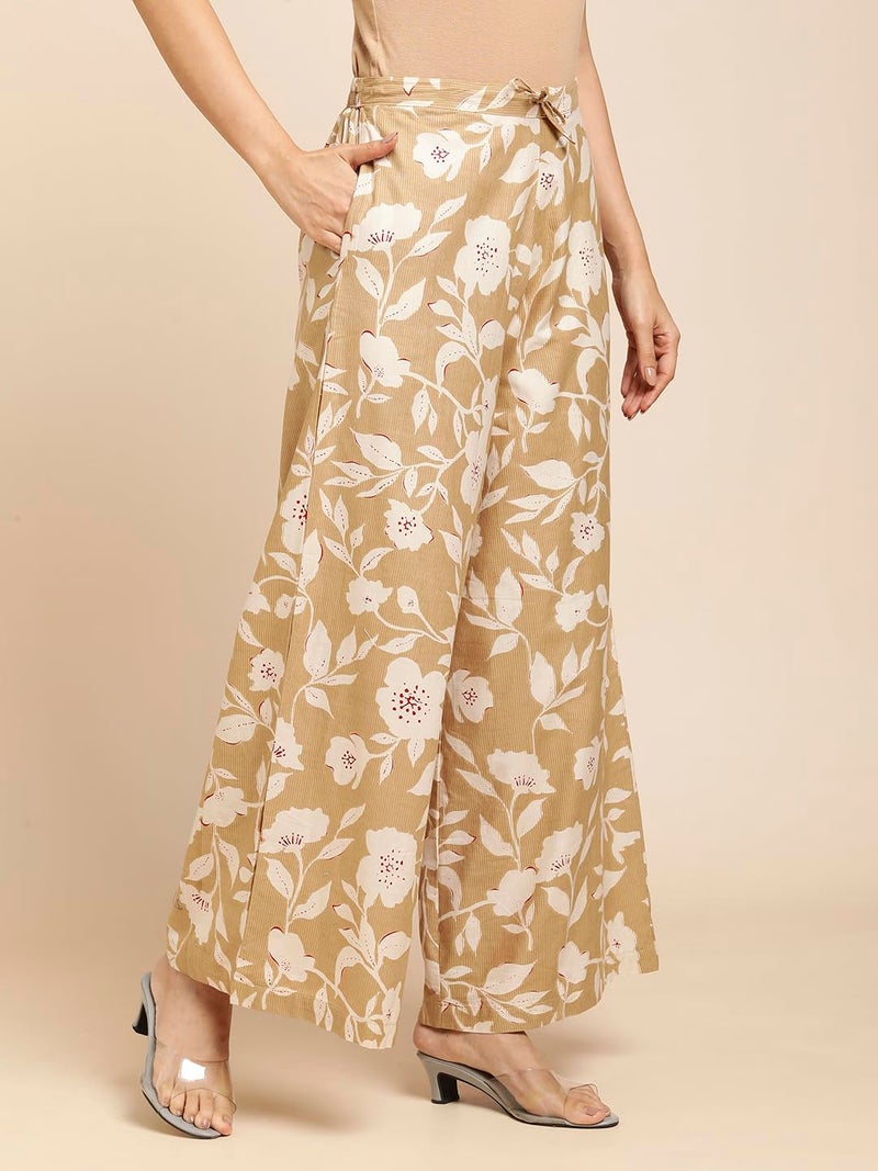 RATAN Women's Cotton Printed Loose Fit Flared Wide Leg Palazzo Mid Rise Pants (CFP-Beige-3X-Large) - Image 5