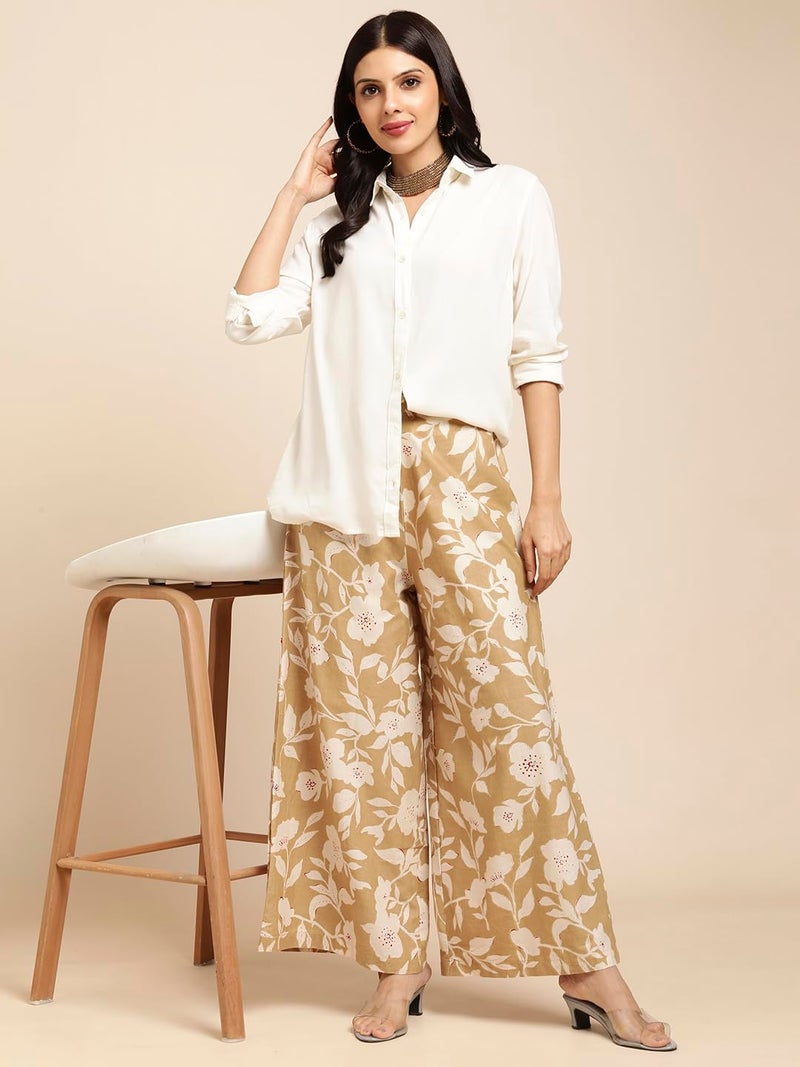 RATAN Women's Cotton Printed Loose Fit Flared Wide Leg Palazzo Mid Rise Pants (CFP-Beige-3X-Large) - Image 2