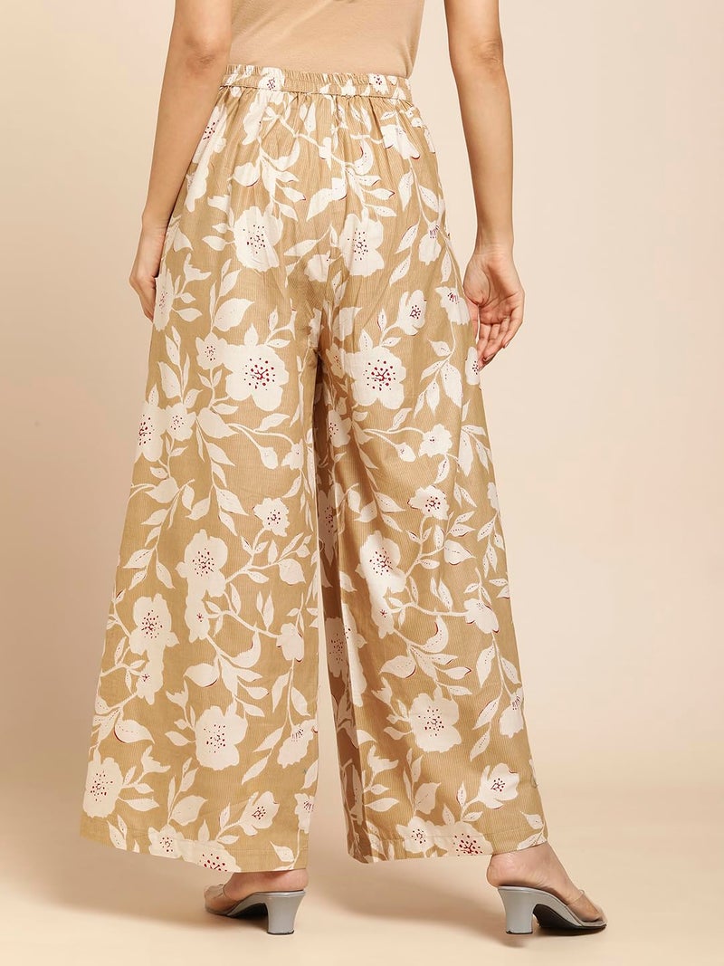 RATAN Women's Cotton Printed Loose Fit Flared Wide Leg Palazzo Mid Rise Pants (CFP-Beige-3X-Large) - Image 3