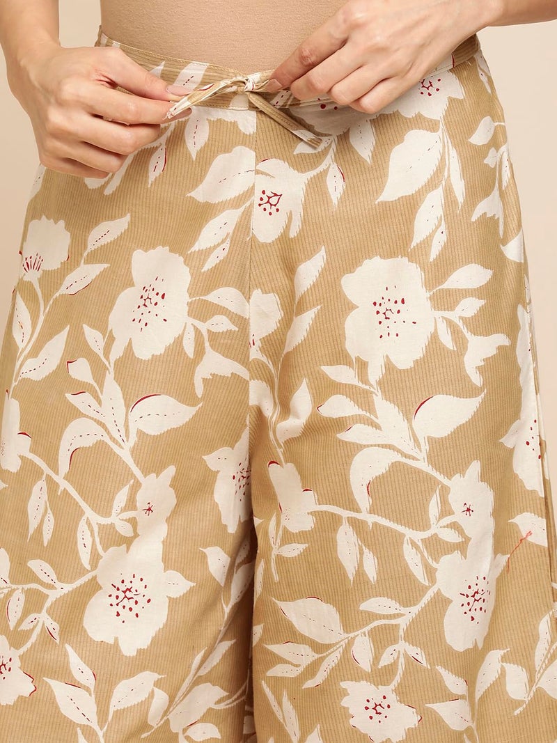 RATAN Women's Cotton Printed Loose Fit Flared Wide Leg Palazzo Mid Rise Pants (CFP-Beige-3X-Large) - Image 4