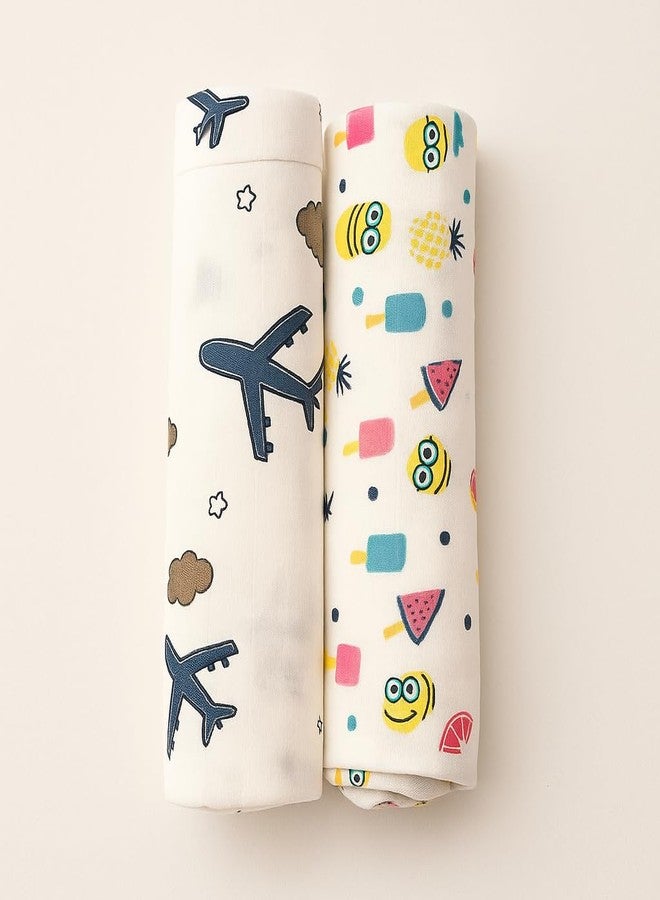 Nestlooms 100% Cotton Muslin Swaddle/Blanket/Multipurpose Wrap for New Born - Soft Swaddle Cloth for boy and Girl Printed (Combo of 2 Tropical Treats, Aeroplane Rides) - Image 1