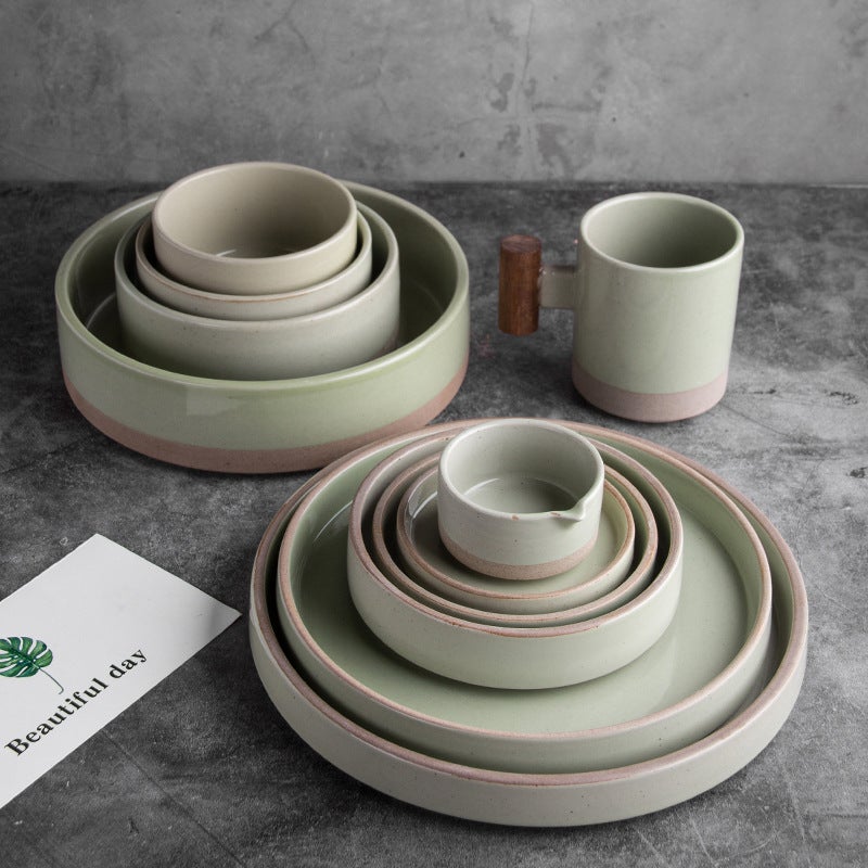 Korean Ceramic Dinnerware Set Dinner Plate Bowl Wooden Mug - Image 2