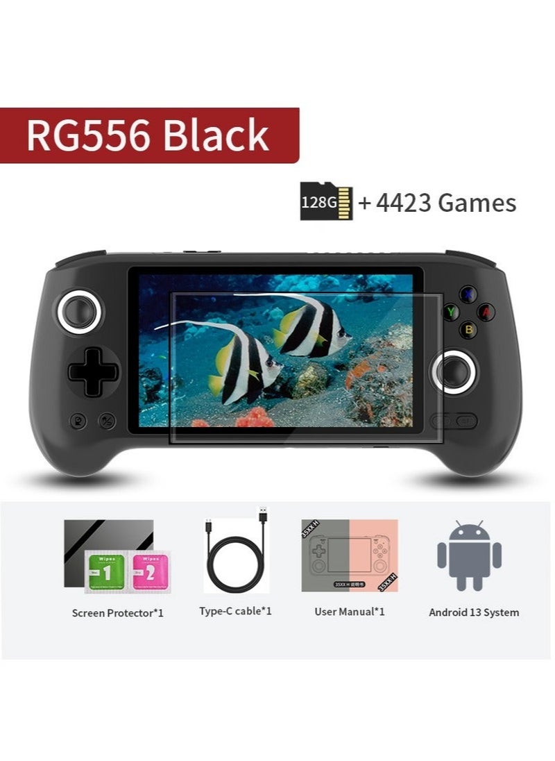 أنبيرنيك - جهاز ألعاب ANBERNIC RG556 المحمول مع معالج Unisoc T820 ونظام Android 13 وشاشة AMOLED بحجم 5.48 بوصة وبطارية بسعة 5500 مللي أمبير وواي فاي بلوتوث مشغلات الفيديو الريترو (أسود 128 جيجابايت) - Image 1