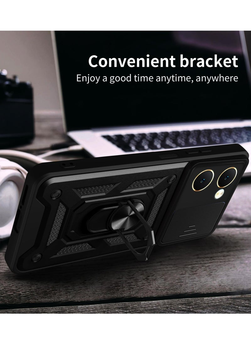 Generic - vivo Y03 4G/ Y18 4G/ Y18e 4G/ Y28s 5G Case, Slide Camera Lens Cover + 360°Rotating Kickstand Ring + Support Magnetic Car Mount Shockproof Mobile Phone Case Black - Image 1