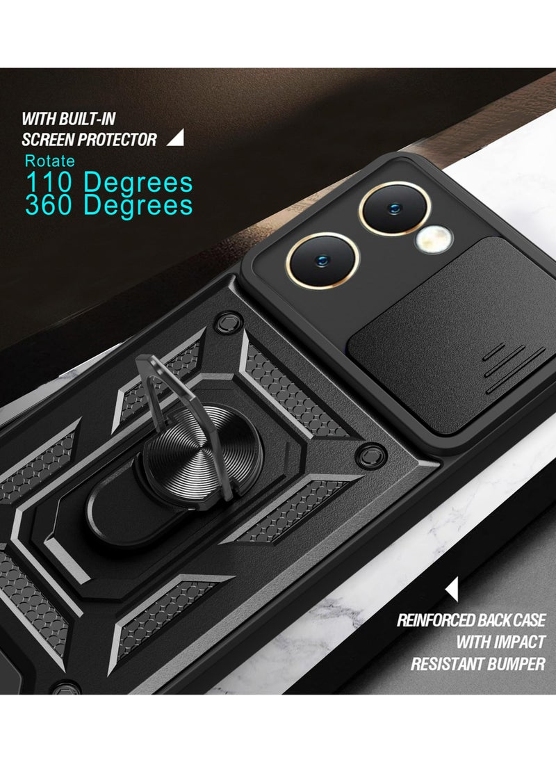 Generic - vivo Y03 4G/ Y18 4G/ Y18e 4G/ Y28s 5G Case, Slide Camera Lens Cover + 360°Rotating Kickstand Ring + Support Magnetic Car Mount Shockproof Mobile Phone Case Black - Image 1
