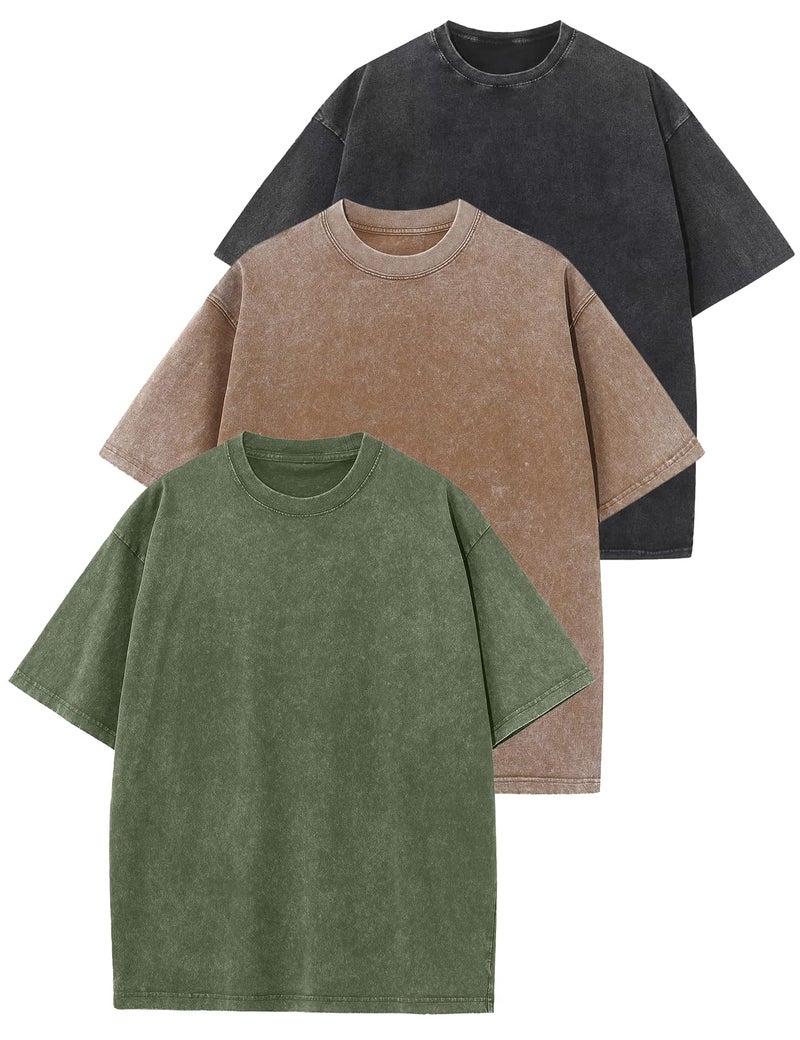 Arssm 3 Pack Men Oversized T Shirts Vintage Tee Loose Fit Short Sleeve Casual Streetwear Baggy Washed Unisex Tops(BlackKhakiArmy-L) - Image 1