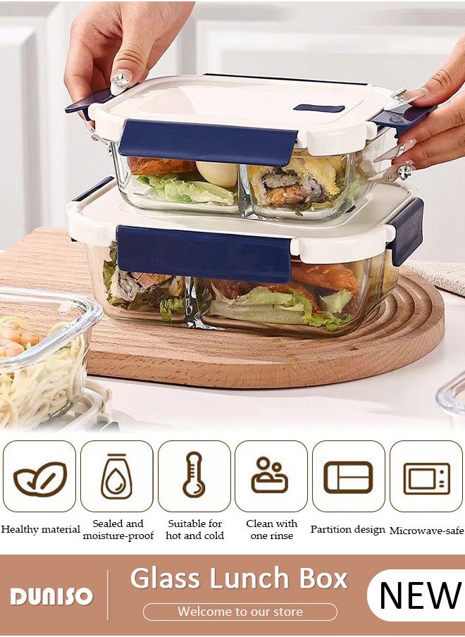 DUNISO 2 PCS Glass Lunch Box, Leak-Proof Bento-Style Food Container with Airtight Lid and Divided, Reusable Airtight Food Storage Box, Food Storage Containers for Microwave, Oven, Freezer and Dishwasher, Glass Meal Prep Containers for Storage/Food Container/Bento Lunch Box  - Image 1
